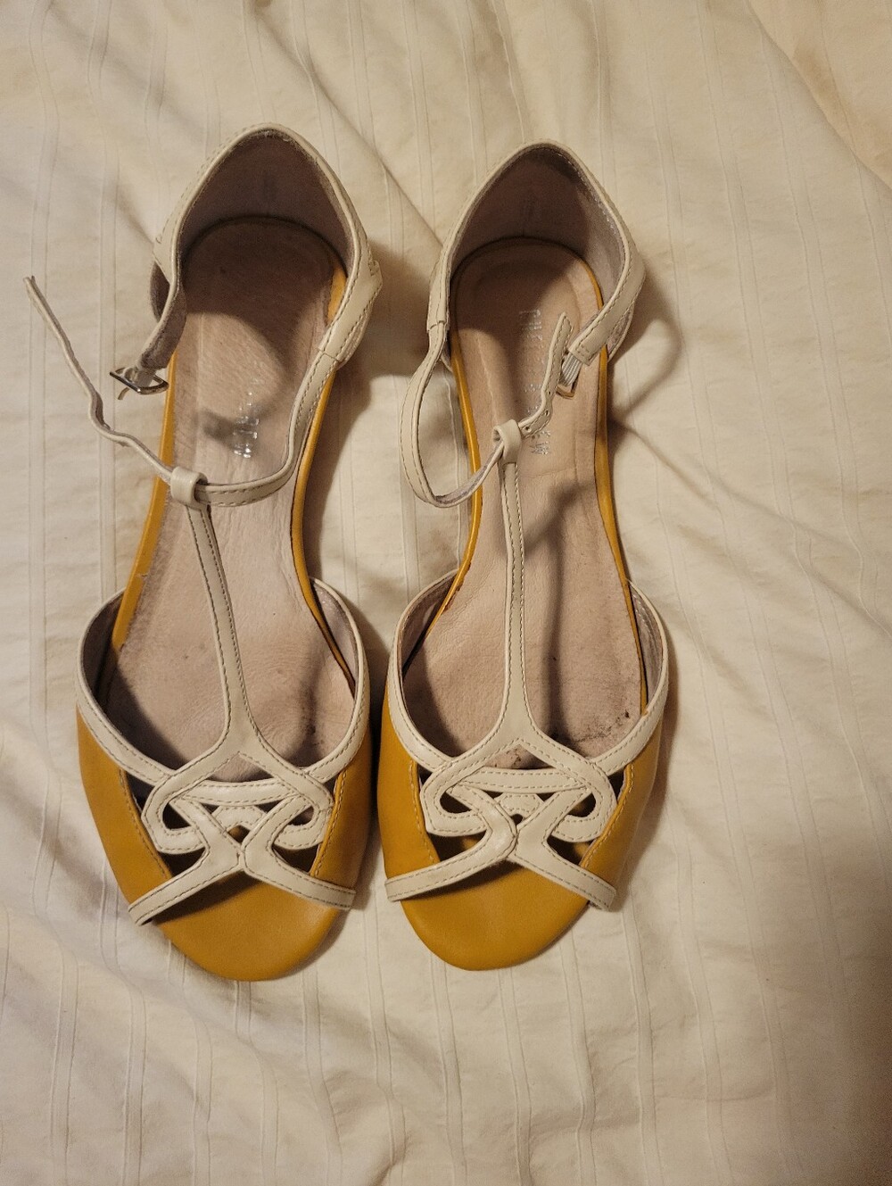 Chelsea Crew Kitten Wedge Open Toe T-Strap Flats in Mustard Yellow and Cream 8